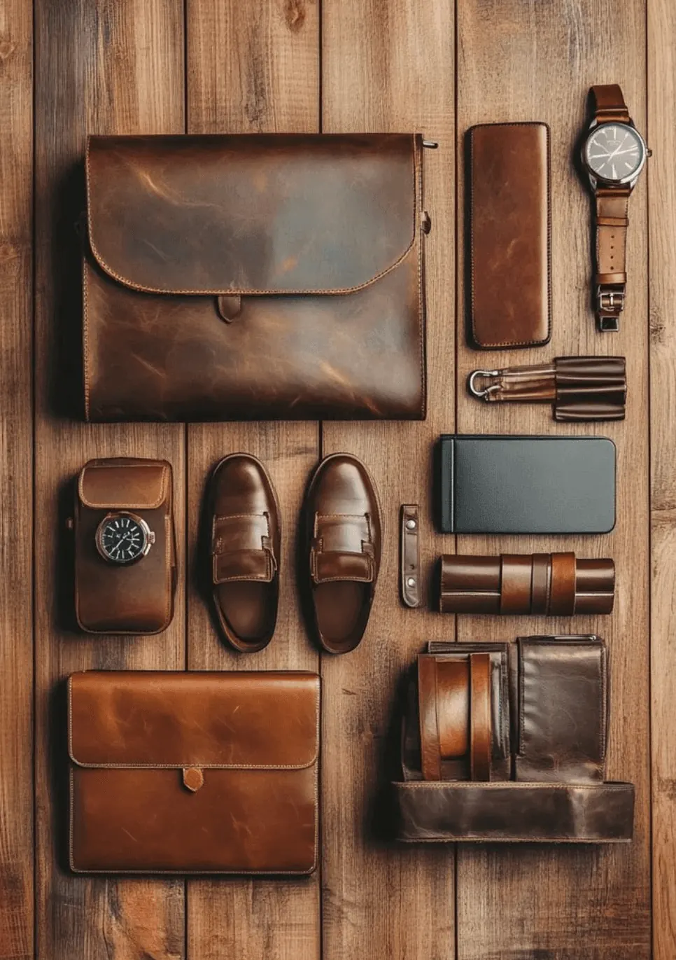 Leather bags, wallets and accessories laid flat on wood