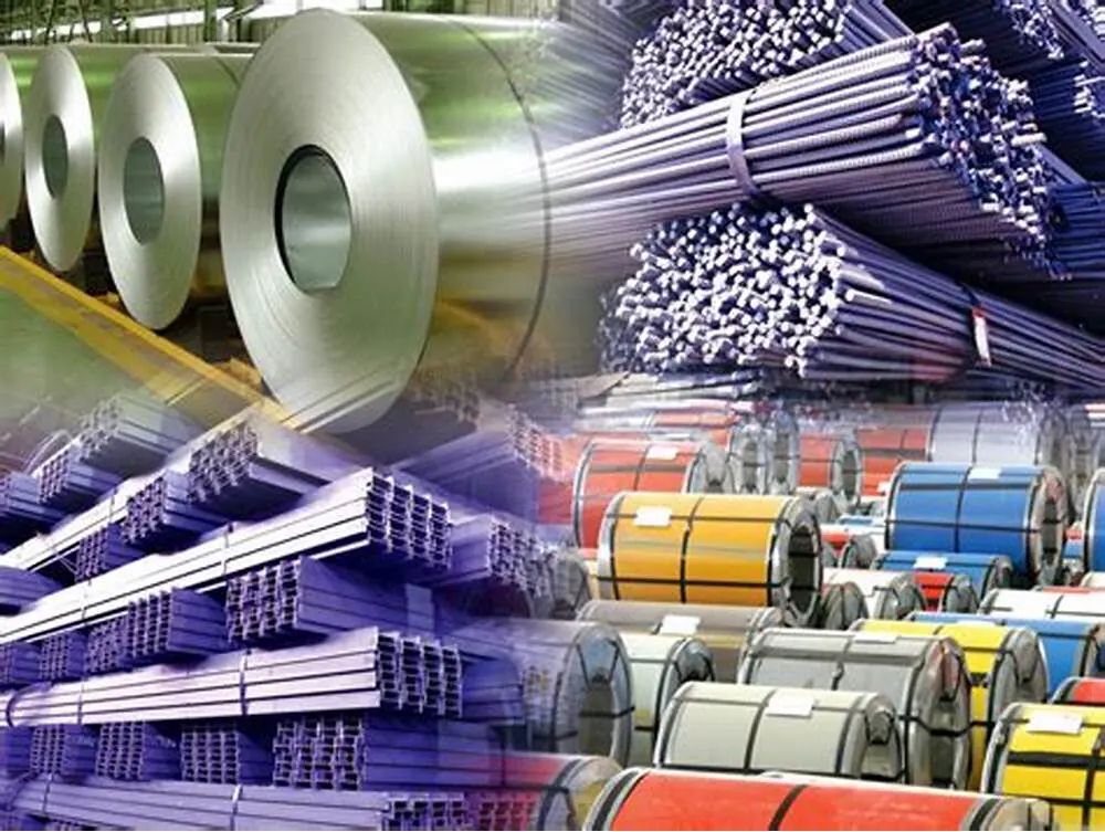 Steel coils, bars and sections stacked in a metals yard
